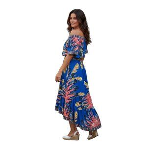 Flying Tomato Off Shoulder Dress~Size X-Small~Blue Floral Hi-Lo Tropical L10 36